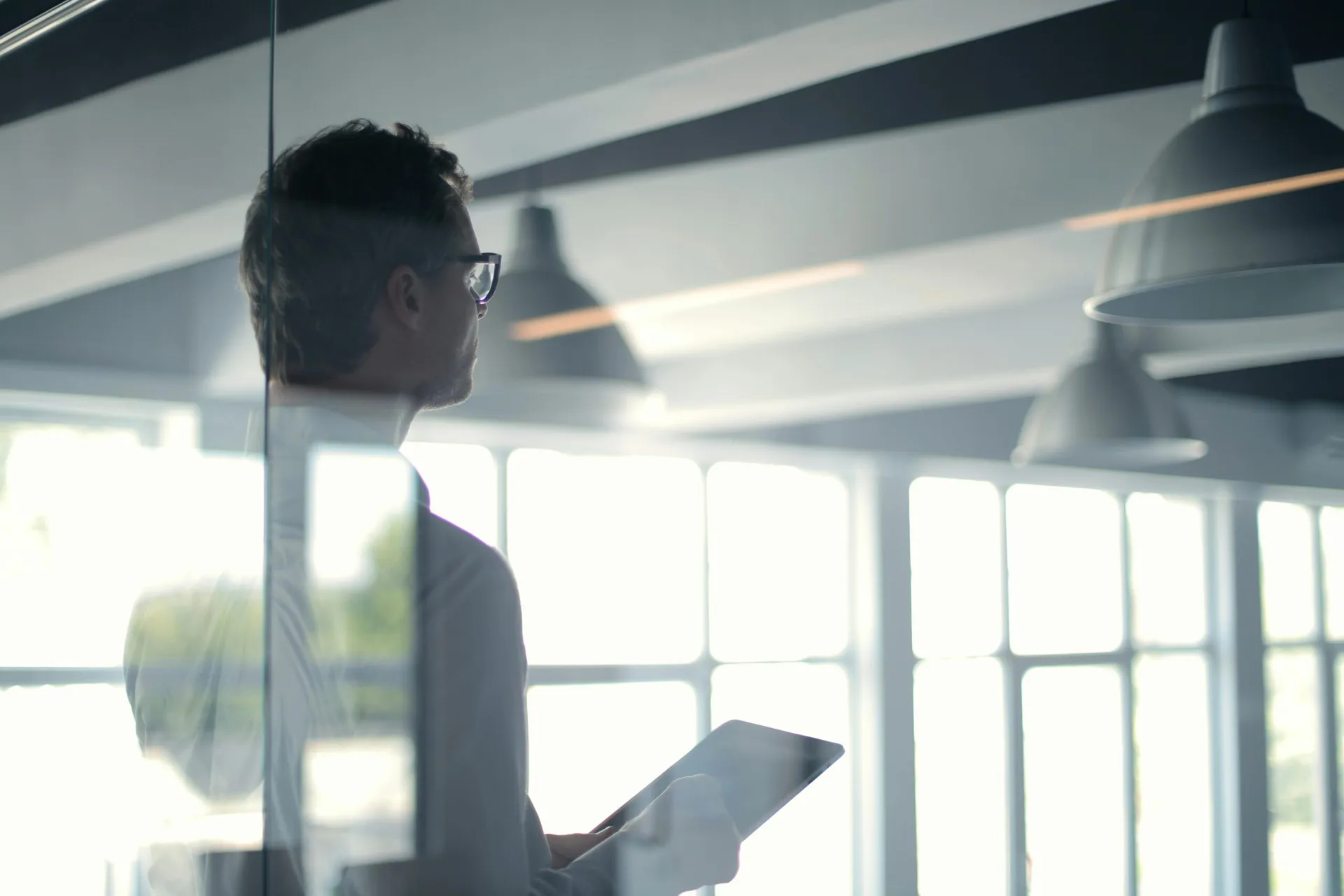 Professional reviewing information in a bright office